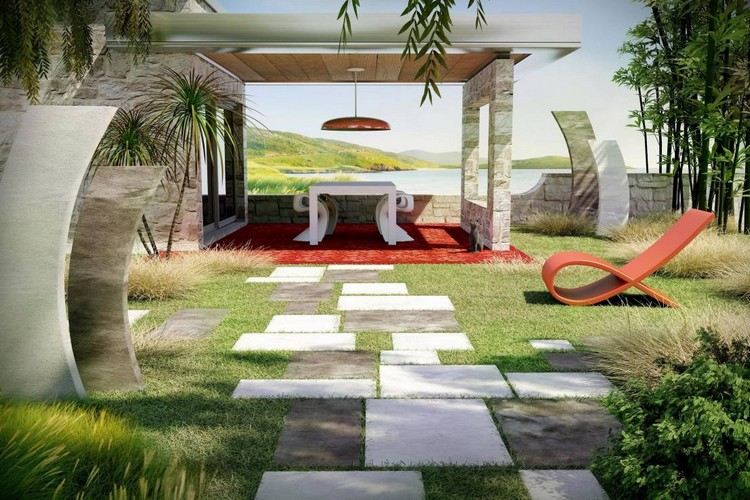 Dizajn záhradnej cesty betónové platne-terasa s obdĺžnikovou strechou