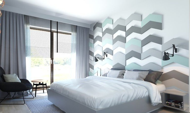 stenové panely v tvare šípky v mentolovej zelenej a sivej farbe atraktívny dizajn steny stenové panely do spálne-mäta zeleno-šedá
