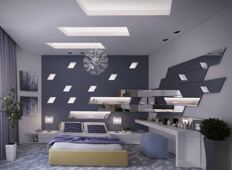 osvetlené police v sušiacej stene a zrkadlové prvky atraktívny-dizajn-steny-spálne-sadrokartónové-poličky-osvetlené-zrkadlové prvky