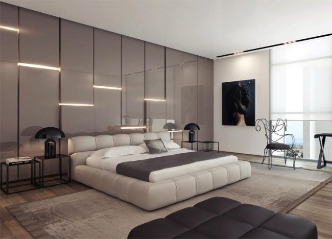 stena dizajn spálňa vysoký lesk stena lesk za posteľou atraktívny dizajn steny vstavané svetlá za stenou postele s vysokým leskom