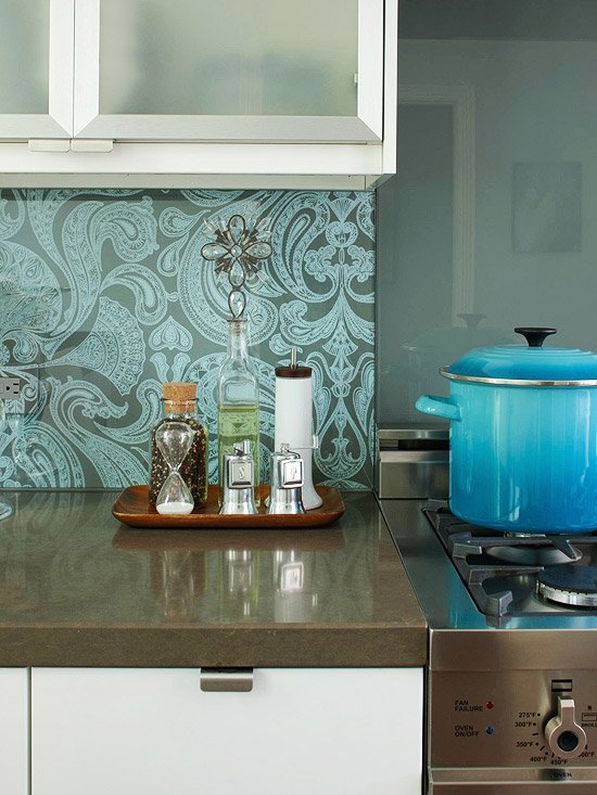 Tapeta v kuchyni nápady zrkadlo so sklenenou dlažbou