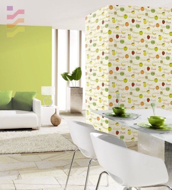 Tapety nápady na jedálenský kút, vzor zeleného bieleho ovocia