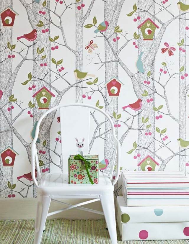 nápady na tapety pre detskú izbu nápady dievča chlapec les stromy vtáky