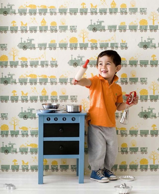 nápady do detskej izby chlapec vlak zvieratá zelená žltá