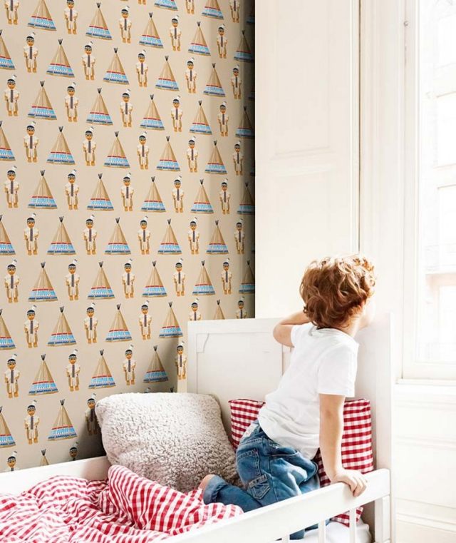 vzor tapety nápady mládež izba indiáni hnedá modrá