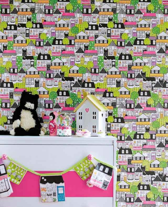 nápady pre škôlky vzorované tapety domy zelená ružová oranžová farby