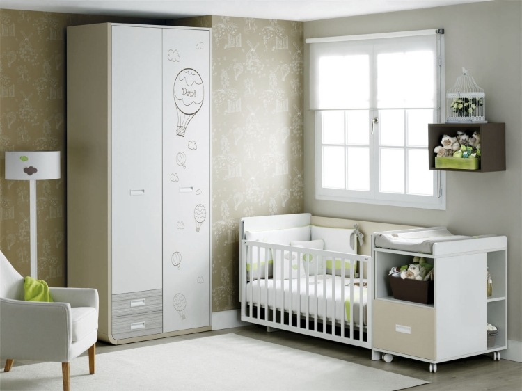 Rozťahovacia detská postieľka a kompletné zariadenie v bielej a béžovej farbe rozťahovacia-detská posteľ-biela-krémová-rodovo neutrálna-ROS-MINI-22-AIR