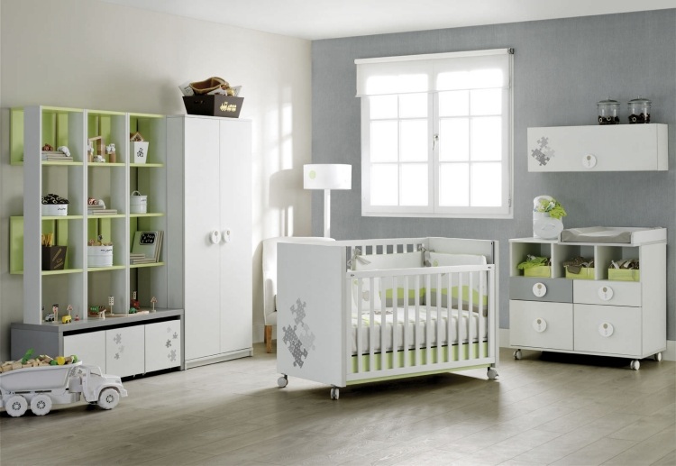 Nábytok do detskej izby v bielej a šedej farbe so zelenými akcentmi Nábytok do detskej izby -kompletný-biela-sivá-zelená-ROS-MINI-12-LUXOR