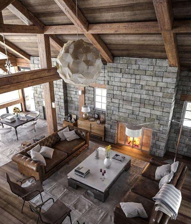 Rustikálna obývacia izba s kamennou stenou a viditeľnými trámami 3d renderovanie-moderná obývačka-rustikálna-chata-štýl-krb-kreslo-koža