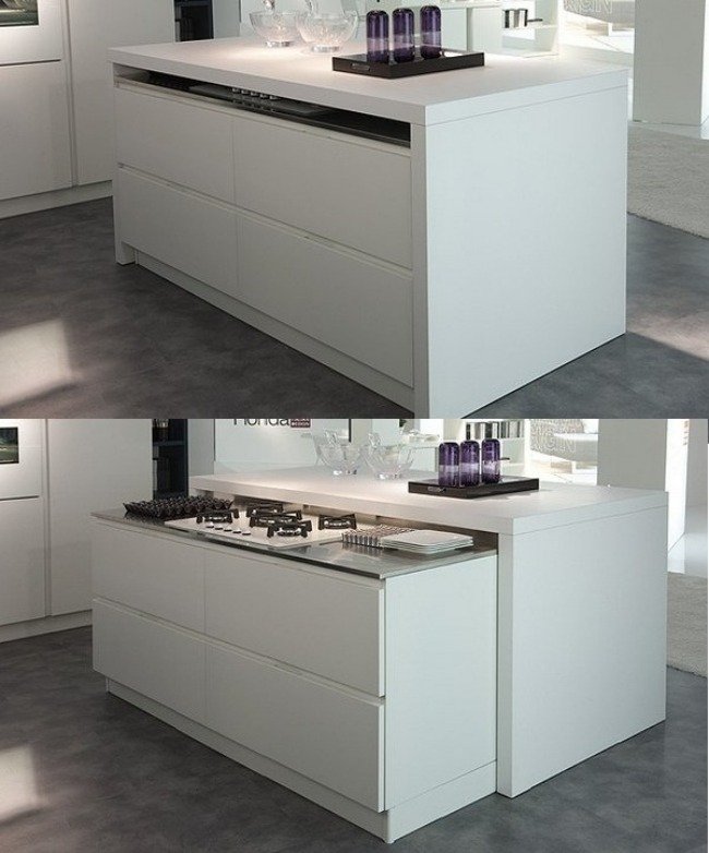 nápady kuchynský ostrov elektrické spotrebiče skrývajú bielu