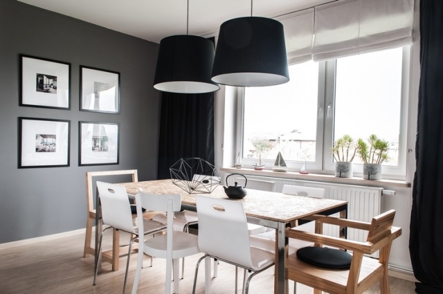 návrh jedálne-nápady-čierna-biela-drevo-jedálenský stôl