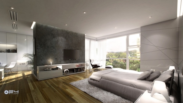 nápady na dizajn spálne svetlo sivý zavesený stropný príborník