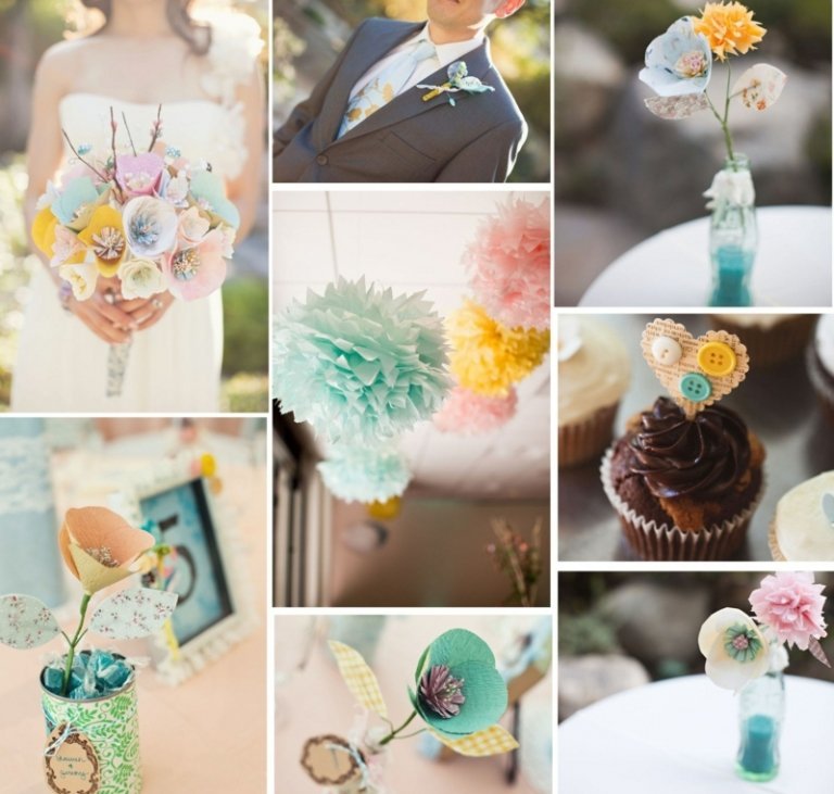 svadobné dekorácie nápady kutilstvo papierové kvety srdce gombík svadobná kytica boutonniere