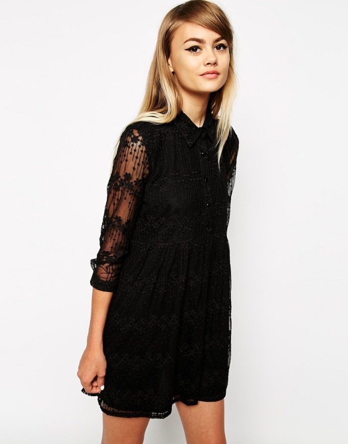 čierne krátke šaty s kvetinovými čipkovanými rukávmi Little-White-Lies-šaty-kvetinové-čipkované-bavlna-nylon