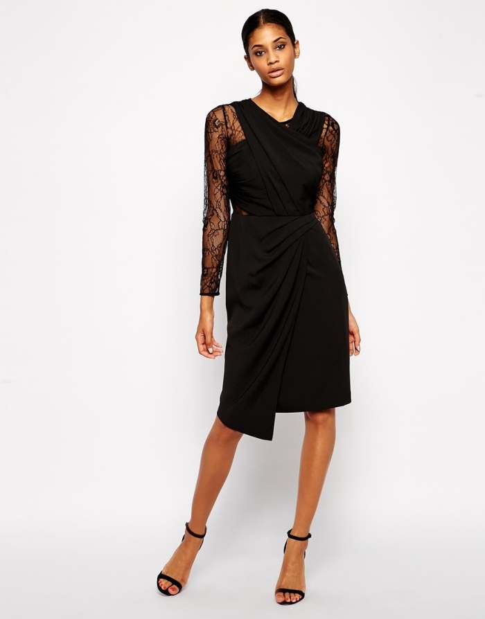 čierne elegantné midi šaty s čipkovanou vsadkou a drapériou asos čierne midi šaty čipkované vsadené drapérie