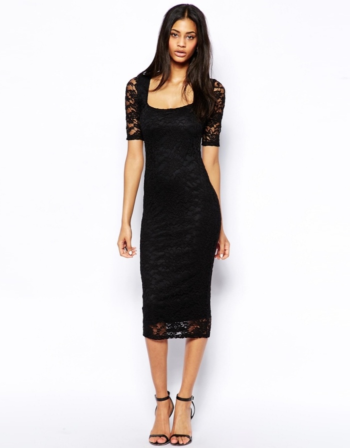 šaty asos bodycon čierne midi šaty s kvetinovým čipkovým dizajnom