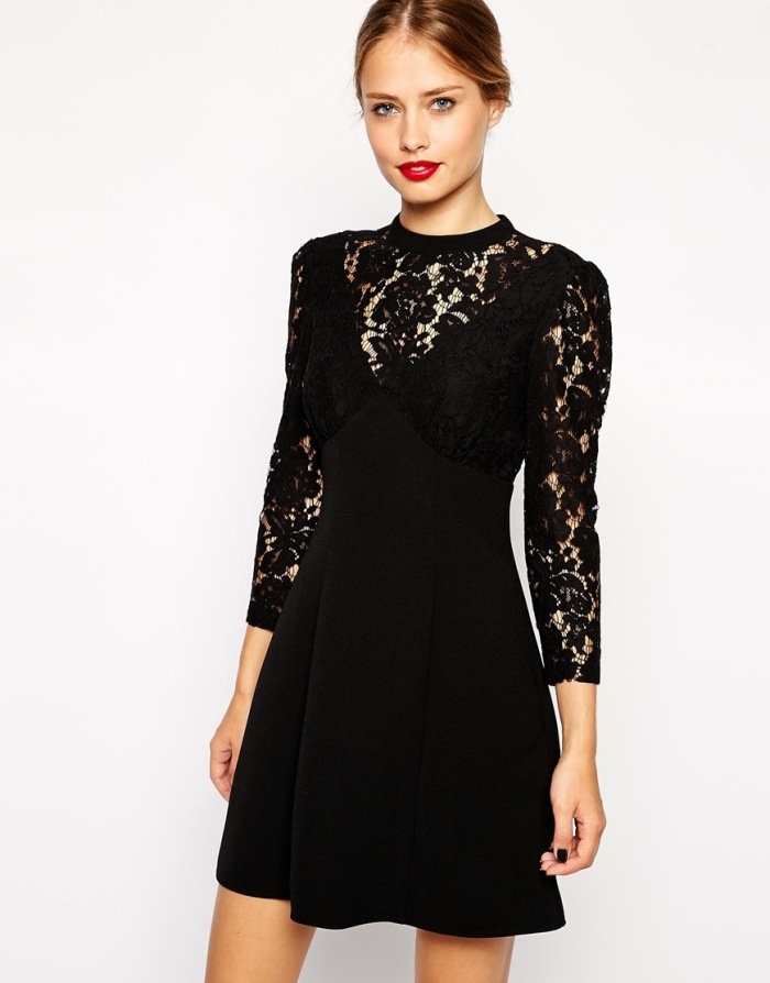 šaty asos A-line-čipka-vsadka-3-4-rukávy-čierna