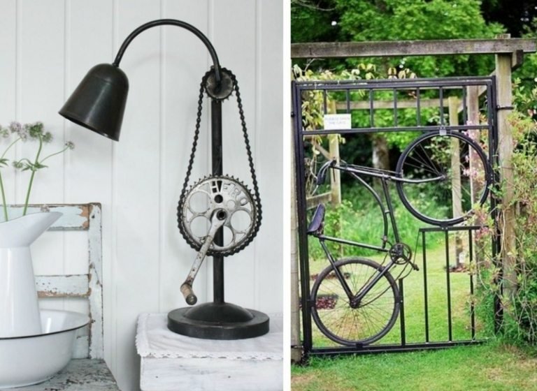 nápady na cykloturistiku pomocou súčiastok na bicykle záhradná brána reťazová lampa na pedále ozubeného kolesa