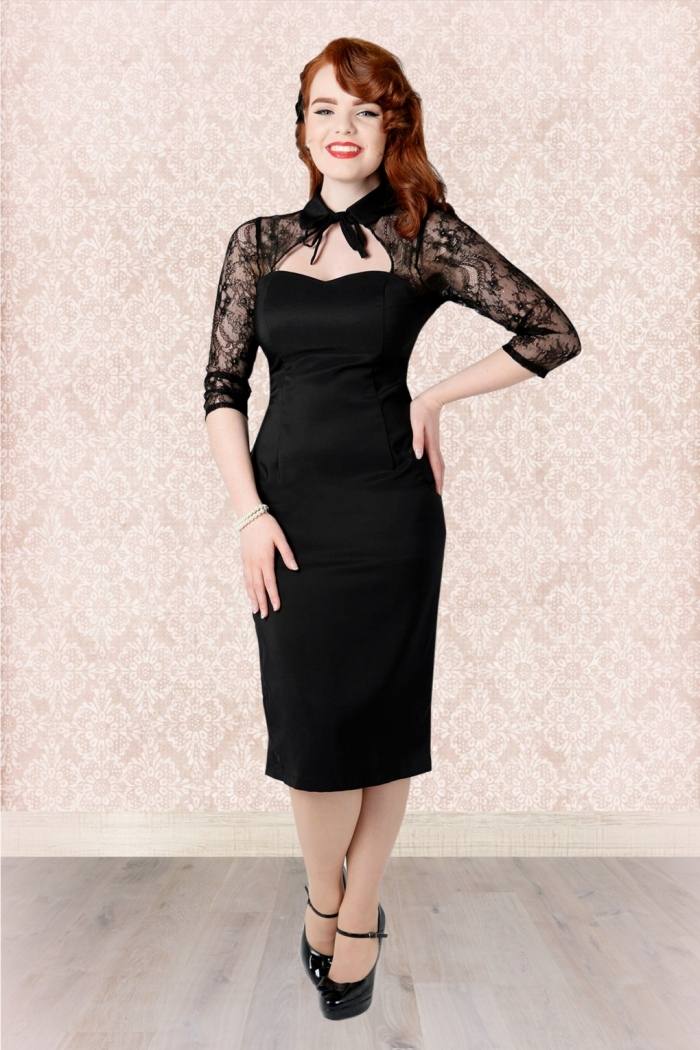 Ceruzkové šaty Renee v čiernej farbe s čipkovanými rukávmi vintage-móda-50. roky-Renee-šaty-ceruzka-čierne-čipkované rukávy