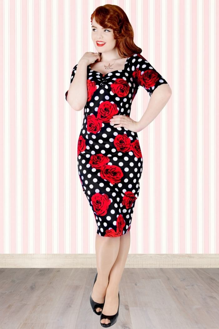Ceruzkové šaty z čiernych a bielych bodkovaných červených ruží vintage-fashion-50s-Dolores-rosie-pencil-dress-red-roses-black-white-dots
