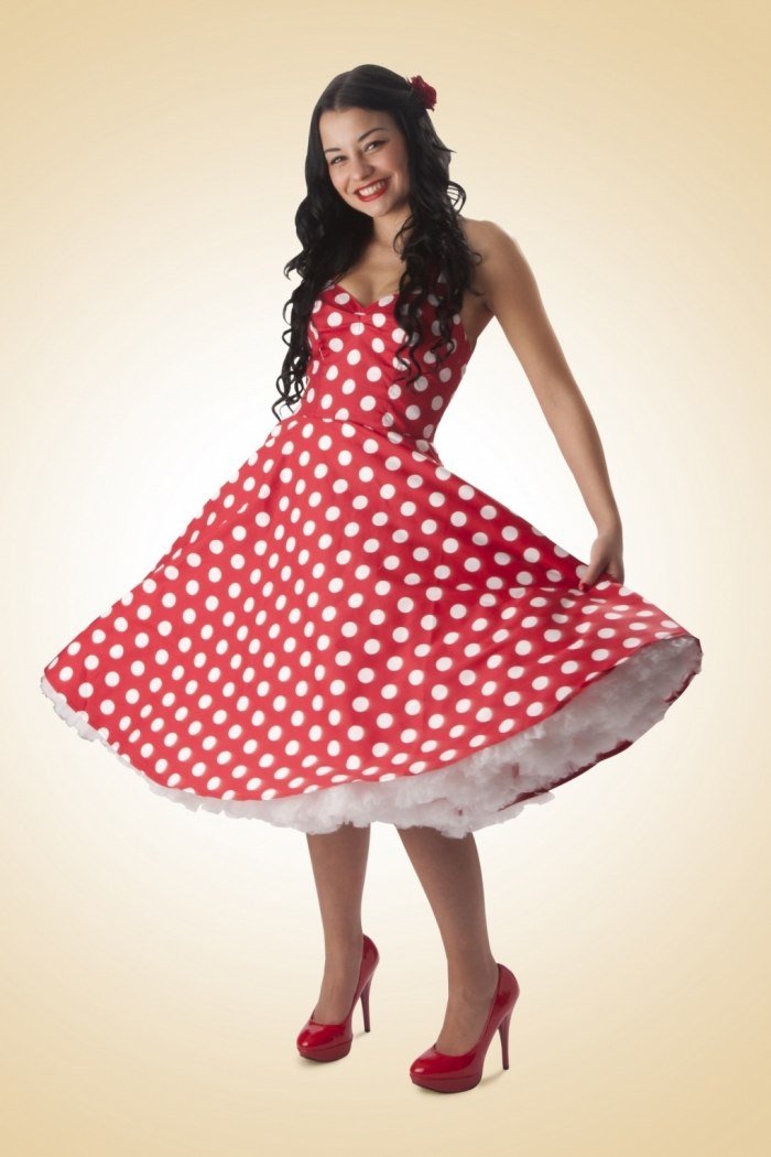 Hojdacie šaty Meriam bodkovaná červená so spodničkou rockabilly-dress bunny-50s-Meriam-hojdačka-šaty-bodkované-červeno-biele