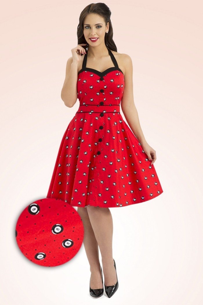 Rockabilly šaty s ohlávkovým výstrihom v červenej farbe Vixen-50s-rockabilly-šaty-červeno-bodkované