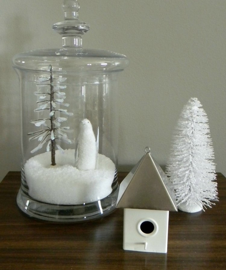 Vytvorte zimnú krajinu v akomkoľvek pohári nápady zimnej dekorácie krajinný dizajn murár jar vtáčia búdka tannenbaum biela