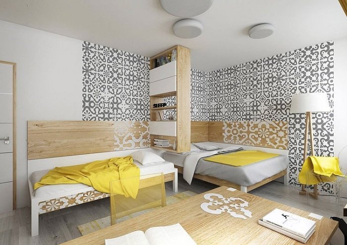 Detská izba pre súrodencov-moderné-zariadenie-koncept-farby-šedo-žlto-biela