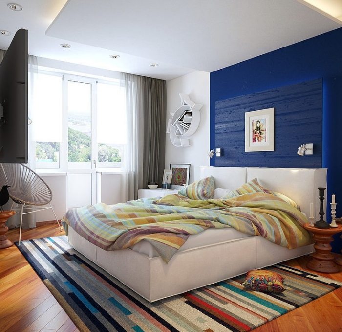 zariadenie izby pre mládež-čalúnené posteľné doplnky-nástenné police-dizajn