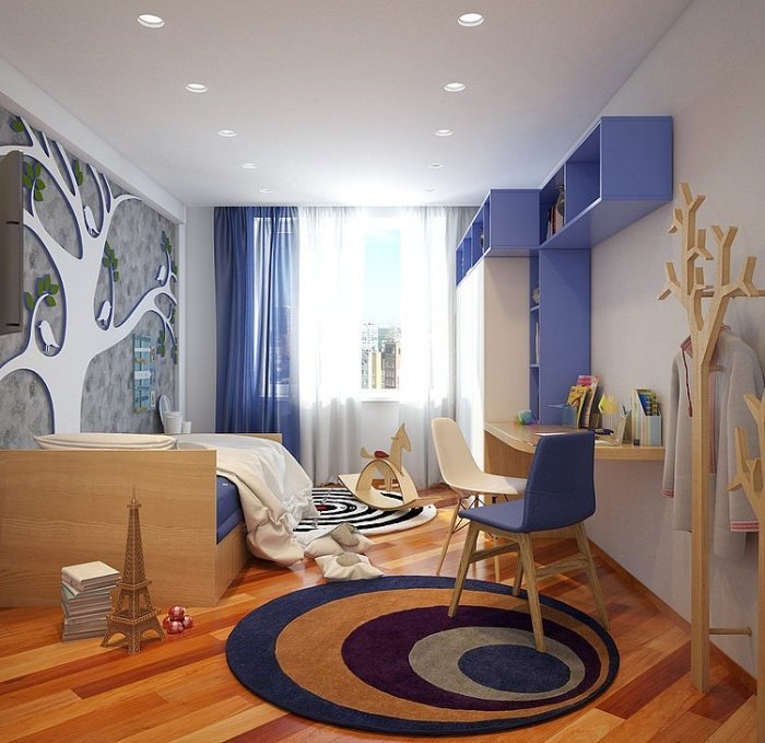 moderná-detská-izba-podlaha-z-laminátu-strom-dekorácia-stena-modré-poličky