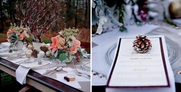 zimné-svadobné-dekorácie-nápady-stôl-šperky-šišky-rustikálne-konáre stromov