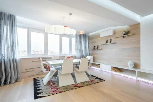 nápady na bývanie-biely-nábytok-jedáleň-drevené-podlahy-obklady stien