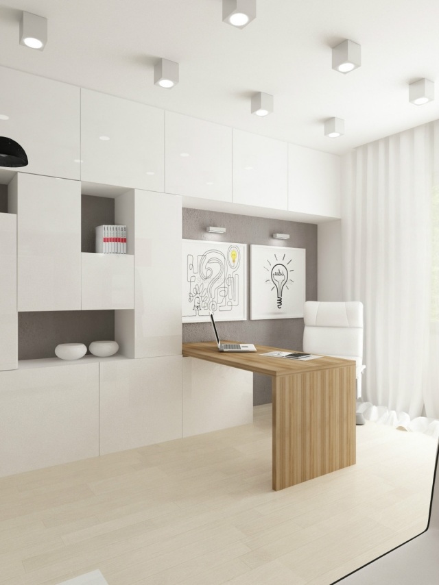 obývačka-nápady-pracovný priestor-biela-vstavané skrine-vysoký lesk-drevený stôl
