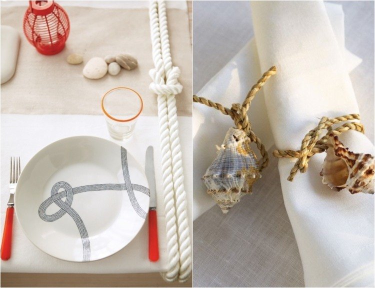 námorný stôl-dekorácia-lano-kamene-mušle-držiak na obrúsky