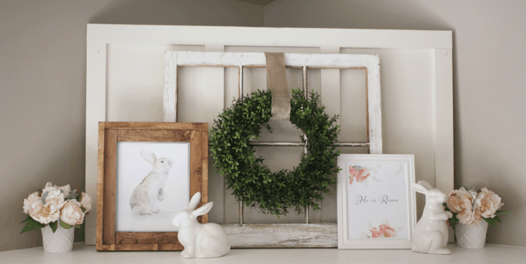 Veľkonočné nápady na dekoráciu komoda-ozdoba-veniec-rám obrazu-vintage-veľkonočný zajačik