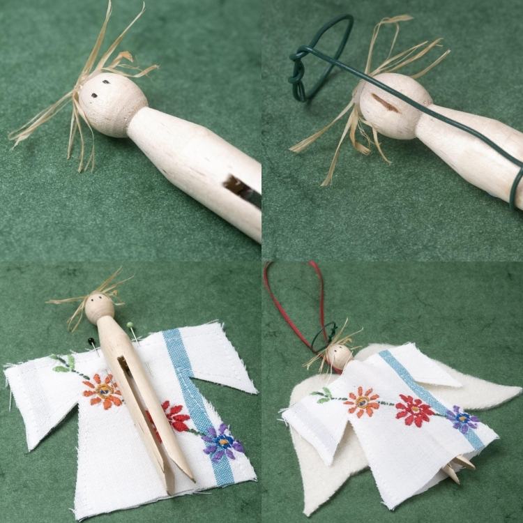 Vyrobte si anjela z drevených štipcov na bielizeň s róbou z látky sami Remeselné nápady so štipcami na bielizeň-Vianoce-drevené-anjely-drotárske-drôtené-tkaninové-župany-šitie