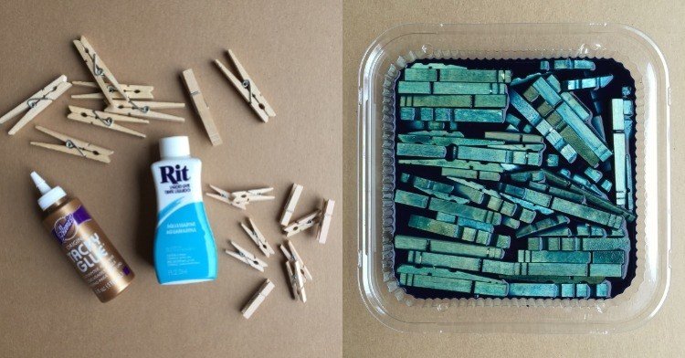 Drevené štipce na bielizeň zafarbite vodou riediteľnou farbou Remeselné nápady so štipcami na bielizeň-Vianoce-drevo-snehové vločky-drotár-materiály-farby-zelená-lepidlo