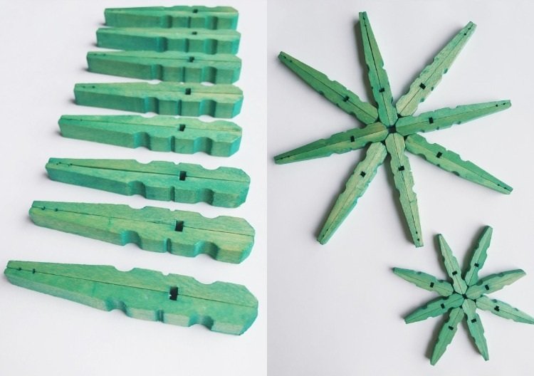 rozoberte drevenú štipku na bielizeň a prilepte ju drotárenie-nápady-štipce na bielizeň-vianočné-drevo-snehové vločky-drotár-geruen-stick