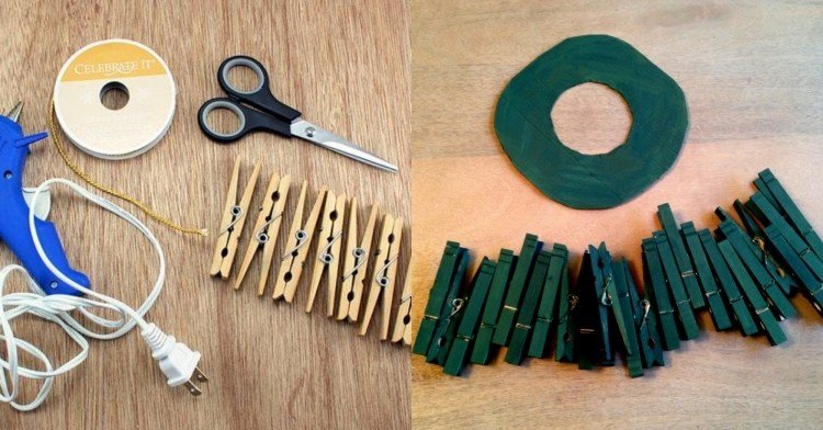 Vyfarbite drevený kolík na bielizeň zelenou farbou, vystrihnite kartónový kotúč DIY-nápady-umývanie-kolík-vianočný-drevený veniec-tmavo-zelené-materiály-horúce-lepidlo-nožnice