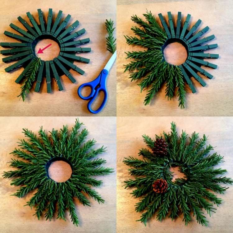 Prilepte naň malý veniec zo štipcov na bielizeň a plastových jedľových konárov drotárstvo-nápady-špendlíky-vianočné-drevené-veniec-tmavo-zelené-plastové-jedľové-konáre-šišky-okrúhle