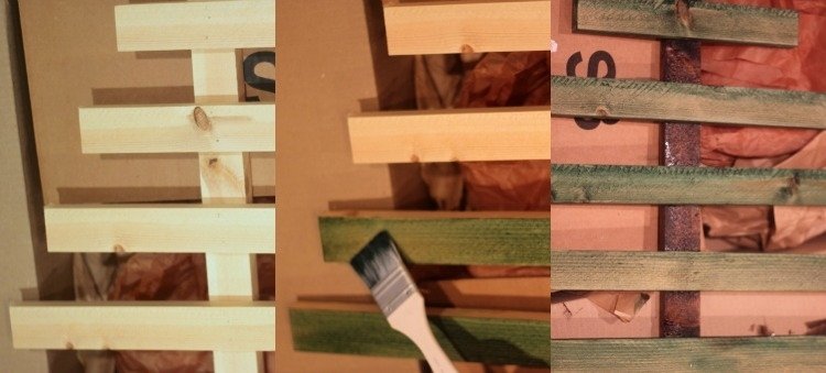 Drevené lamely postupne priskrutkujte na os a potom ich zafarbite na zeleno Crafting-nápady-umývanie-kolíček-vianočné-drevo-diy-drevené-lamelové-kefy-kreatívne-vianočný strom