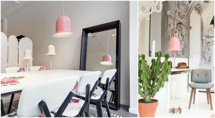 dizajnový nábytok-ružový-prívesok-svetlo-biela-stolná-stolička-sivá-zrkadlová-čierna-rám-LOLITA