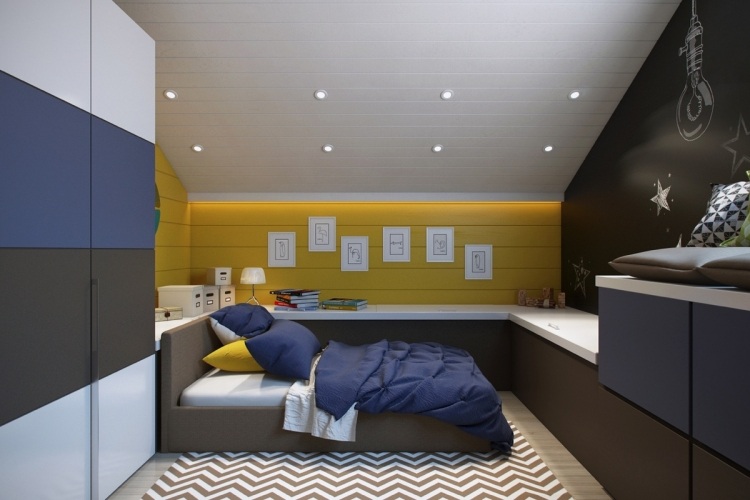 Detská izba šikmá strecha-izba pre mládež-chlapec-žltá-tmavomodrá-čierna-biela-škvrny-šatník