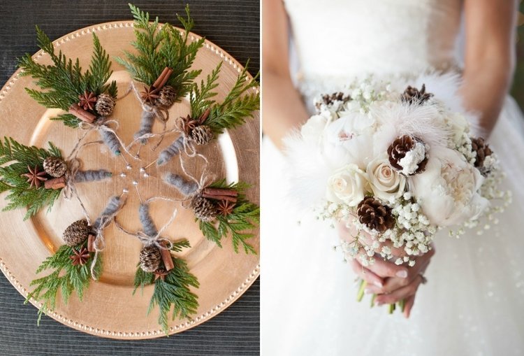 malé šišky, pierko a gypsomilka v kombinácii s bielymi ružami nádherná svadobná kytica-svadobné-zimné-šišky-deko-škoricová-tyčinka-gypsophila-biela-ružová-pierko