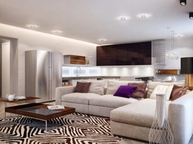 obývačka kuchyňa krémová hnedá moderné zariadenie obývačka-kuchyňa-krémovo-hnedá-moderné-zariadenie