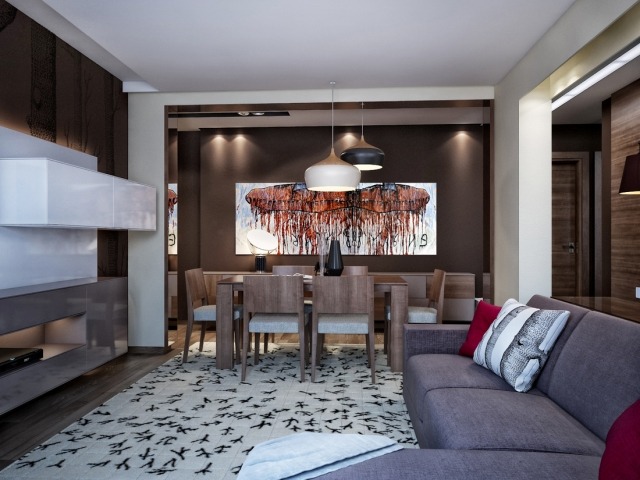 obývacia izba s jedálenským kútom stena v čokoládovej farbe, drevený nábytok, sivohnedá sedačka obývačka-jedálenský kút-stena čokoládová-farba-drevo-sivá-hnedá-sedačka