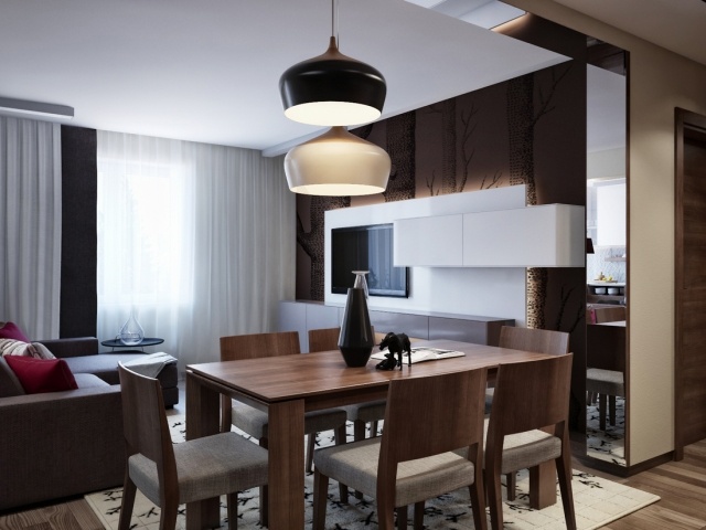 obývacia izba s jedálenským kútom a hnedou bielou stenou s podsvietením obývačka-jedálenský kút-hnedo-biela-obývacia stena-podsvietenie