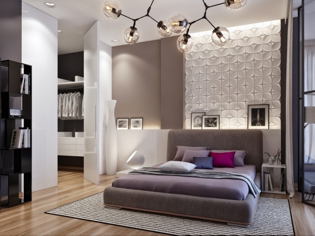 zariadenie spálne čalúnená posteľ nepriame osvetlenie dekoratívne stenové panely nápady na vybavenie spálne čalúnené postele-police-nepriame-osvetlenie-dekoratívne-nástenné panely