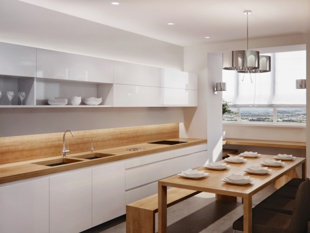 kuchyňa jedálenský kút biele fronty drevený pultový jedálenský stôl kuchyňa-jedálenský kút-biele-fronty-drevená-pracovná doska-jedálenský stôl