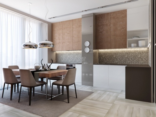 kuchyňa s jedálenským kútom, drevené čelá skrinky a biele osvetlenie skriniek kuchyňa-jedálenský kút-čelá skriniek-drevo-biela-osvetlenie skrinky-